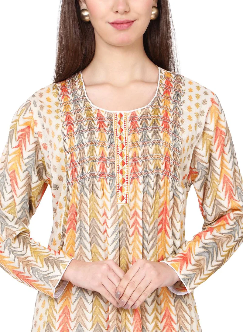 هانا آند سارا CASUAL ELEGANT PRINTED DESIGN WITH FRONT EMBROIDERY SMOCKING ARABIC KAFTAN JALABIYA DRESS