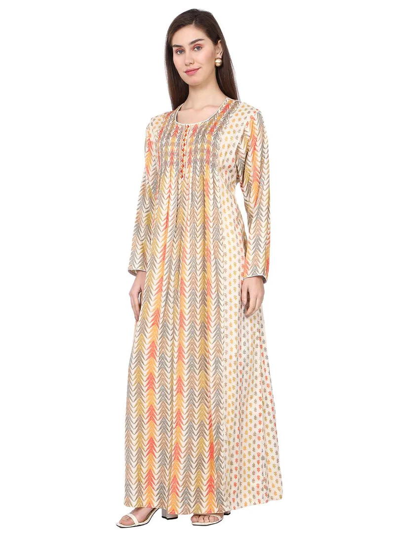 هانا آند سارا CASUAL ELEGANT PRINTED DESIGN WITH FRONT EMBROIDERY SMOCKING ARABIC KAFTAN JALABIYA DRESS