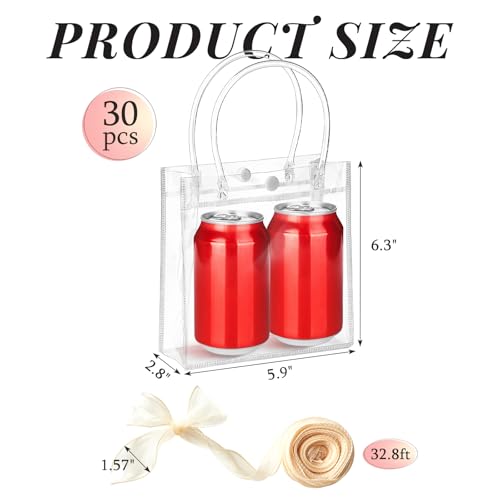 Ohuimrt 30 PCS Clear Plastic Gift Bags with Handles, Reusable Party Favor Bags with Ribbon Transparent Gift Wrap Bags Bulk for Weddings Birthdays, 5.9 x 6.3 x 2.8 Inches - Image 2