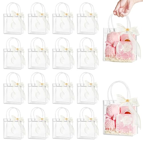 Ohuimrt 30 PCS Clear Plastic Gift Bags with Handles, Reusable Party Favor Bags with Ribbon Transparent Gift Wrap Bags Bulk for Weddings Birthdays, 5.9 x 6.3 x 2.8 Inches - Image 1