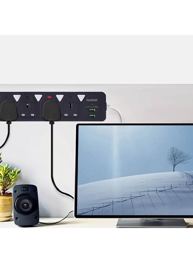 توصيلة كهرباء 10 متر بقدرة عالية مع 5 مقابس و2 منافذ USB ومنفذ Type-C مع مفاتيح تحكم منفصلة وحماية من زيادة التيار – لون أسود - Image 4