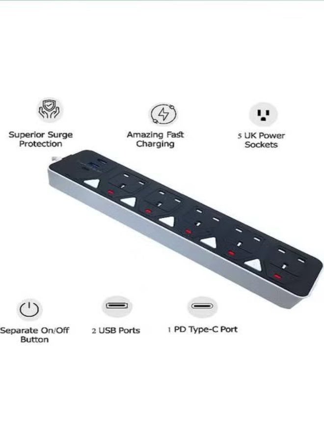 توصيلة كهرباء 10 متر بقدرة عالية مع 5 مقابس و2 منافذ USB ومنفذ Type-C مع مفاتيح تحكم منفصلة وحماية من زيادة التيار – لون أسود - Image 3