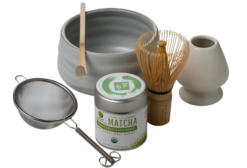 Matcha Kari Dr. Weil Complete Tea Set - White - Japanese Ceremonial Organic Matcha with Whisk and Holder, Ceramic Bowl, Sifter, and Scoop - Image 1
