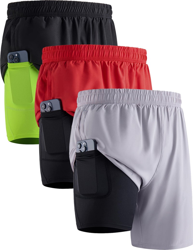 3 Pack Mens 7 Running Shorts with Compression Liner Pockets Athletic 2 in 1 Shorts for Workout Gym Quick Dry Set 1 Small