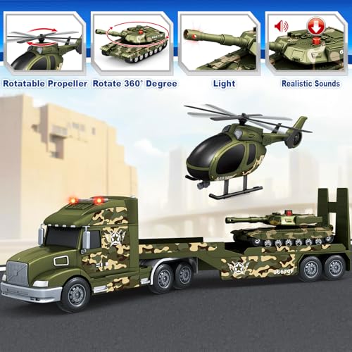 spring flower SpringFlower Army Truck Boy Toys 3 4 5 6 Vehicle Car Toy Brithday Gifts 3 in 1 Extra Large Transport Truck with Helicoper and Tank Lights Sounds - Image 5