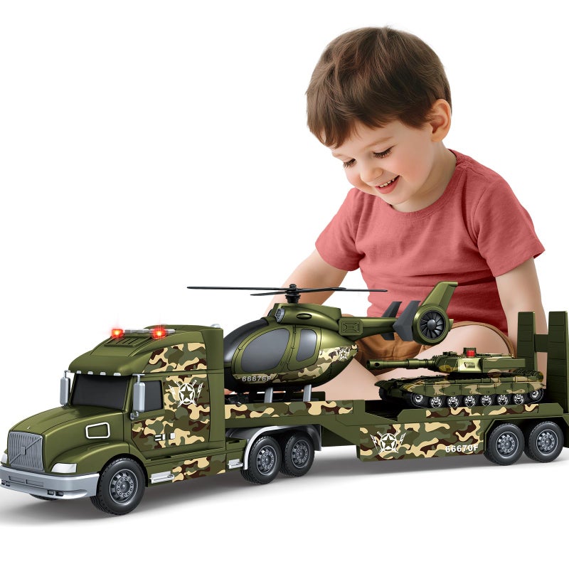spring flower SpringFlower Army Truck Boy Toys 3 4 5 6 Vehicle Car Toy Brithday Gifts 3 in 1 Extra Large Transport Truck with Helicoper and Tank Lights Sounds - Image 3