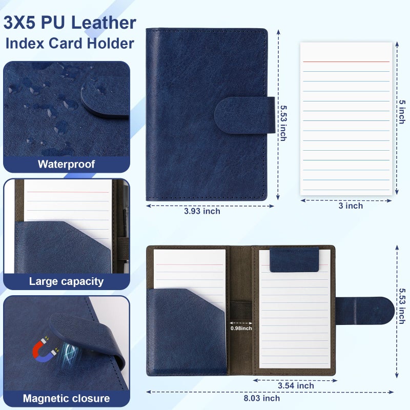 MSHUNKEJI Blue Index Card Holder PU Leather 3x5 Note Card Holder Wallet Portable Pocket Notepad with Pen Holder Magnetic Index Card Case with Card Solt 20 Pcs Ruled Note Cards For Record Meetings (No Pen) - Image 2