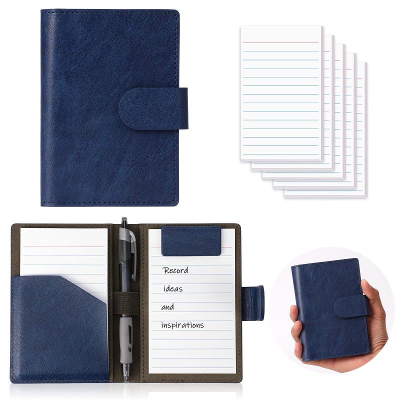 MSHUNKEJI Blue Index Card Holder PU Leather 3x5 Note Card Holder Wallet Portable Pocket Notepad with Pen Holder Magnetic Index Card Case with Card Solt 20 Pcs Ruled Note Cards For Record Meetings (No Pen) - Image 1