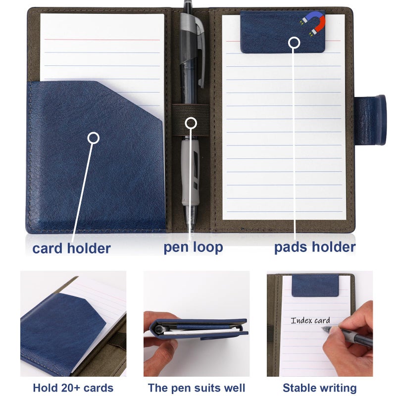 MSHUNKEJI Blue Index Card Holder PU Leather 3x5 Note Card Holder Wallet Portable Pocket Notepad with Pen Holder Magnetic Index Card Case with Card Solt 20 Pcs Ruled Note Cards For Record Meetings (No Pen) - Image 3