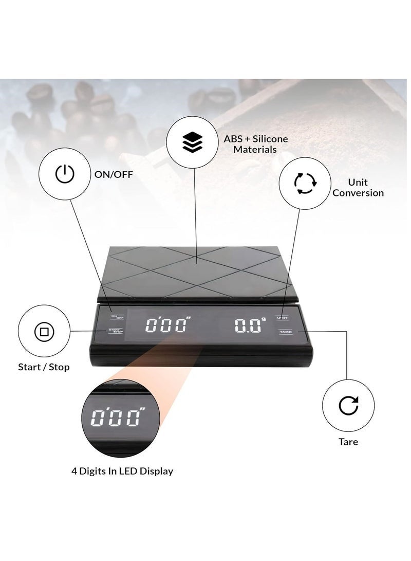 Dovva KitchenTour Coffee Scale with Timer - Digital Multifunction Weighing Scale with 3kg/0.1g High Precision - Pour Over Drip - Espresso Scale with Bright LCD Display,with Silicone Non-slip Pad,Black - Image 3