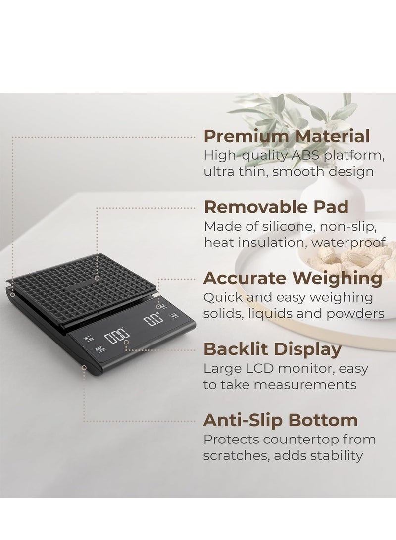 Dovva KitchenTour Coffee Scale with Timer - Digital Multifunction Weighing Scale with 3kg/0.1g High Precision - Pour Over Drip - Espresso Scale with Bright LCD Display,with Silicone Non-slip Pad,Black - Image 4