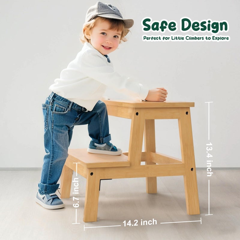 BEKVEM Bamboo 2 Step Stool for Kids & Adults, Wooden Kids Step Stool for Bathroom & Kitchen, Bed Steps for High Beds, Portable with Handle, Non-Slip & 350 Ibs Capacity - Image 2