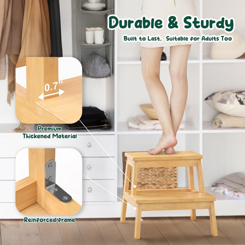 BEKVEM Bamboo 2 Step Stool for Kids & Adults, Wooden Kids Step Stool for Bathroom & Kitchen, Bed Steps for High Beds, Portable with Handle, Non-Slip & 350 Ibs Capacity - Image 4