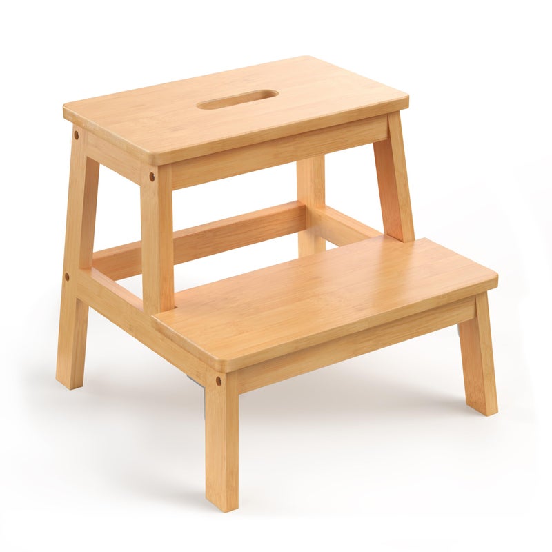 BEKVEM Bamboo 2 Step Stool for Kids & Adults, Wooden Kids Step Stool for Bathroom & Kitchen, Bed Steps for High Beds, Portable with Handle, Non-Slip & 350 Ibs Capacity - Image 1