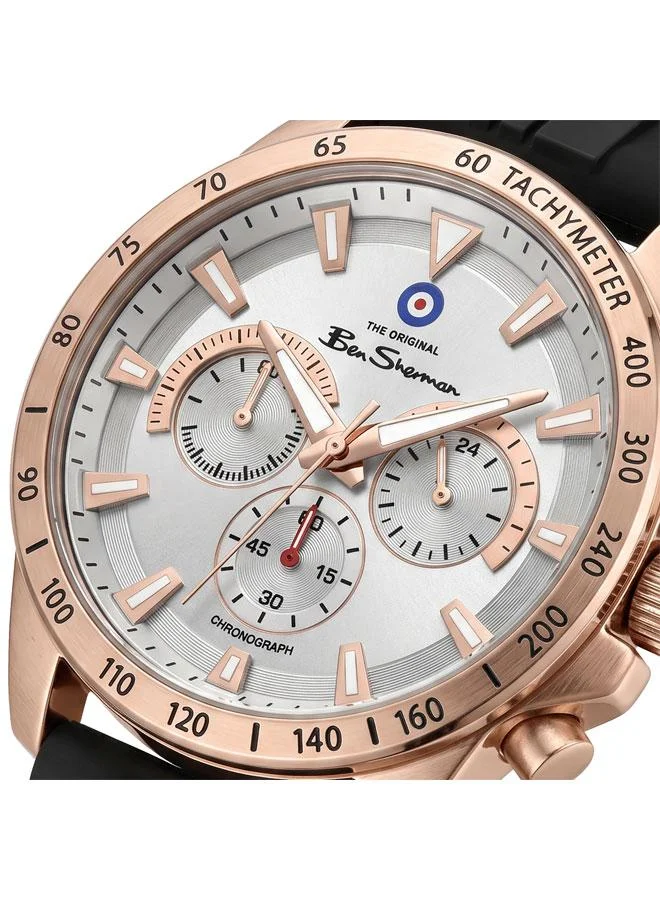 بين شيرمان Liverpool  White Dial Black Silicone Strap Chronograph Watch for Men, 44mm