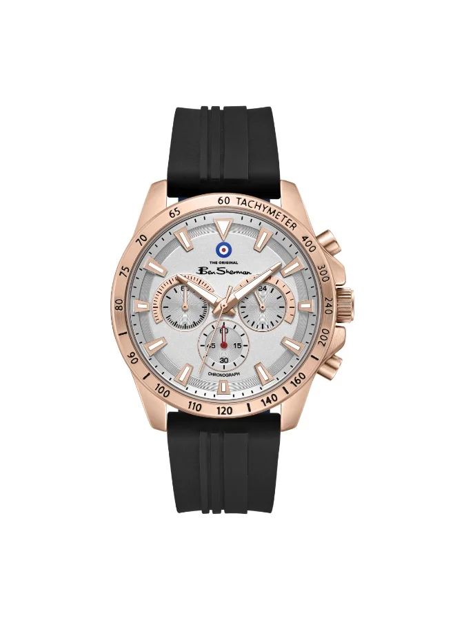 بين شيرمان Liverpool  White Dial Black Silicone Strap Chronograph Watch for Men, 44mm