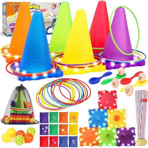 Eocolz 49PCS Carnival Games Outdoor Combo Set for Kids with LED Light Plastic Cones Obstacle Course Bean Bags Balls Ring Toss Game Egg and Spoon Race Lawn Game Gift for Birthday PartyXmasEaster - Image 1