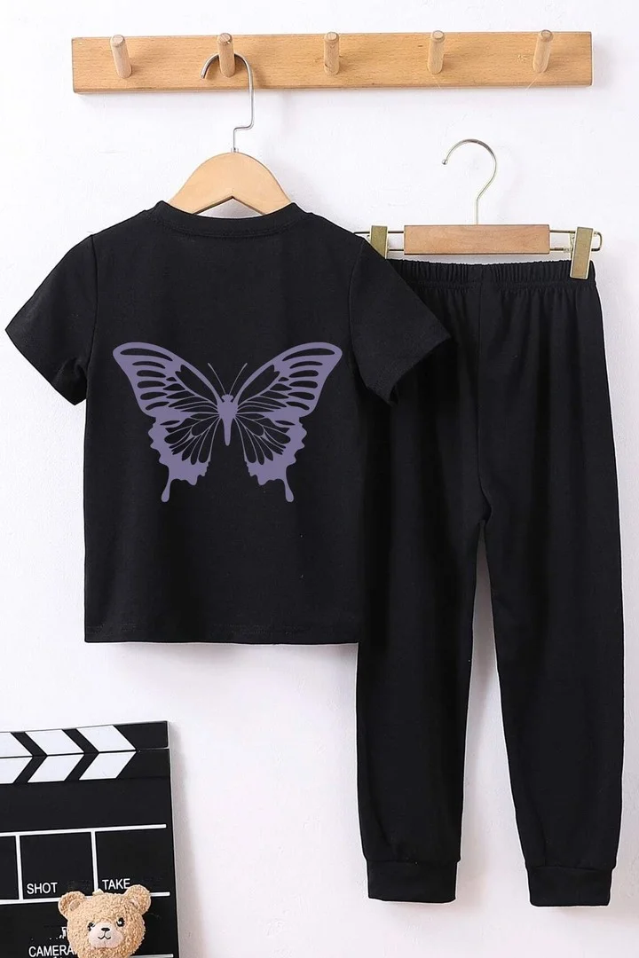 ONLYTRENDWEAR Kids Butterfly Bottom - Top Tracksuit Set 3-4 Years Old Black