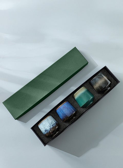 4-Piece Ceramic Teacup Espresso Coffee Cup Porcelain Tea Cup Set Chinese Bowl Drinkware Box Package for Gifts 220ML