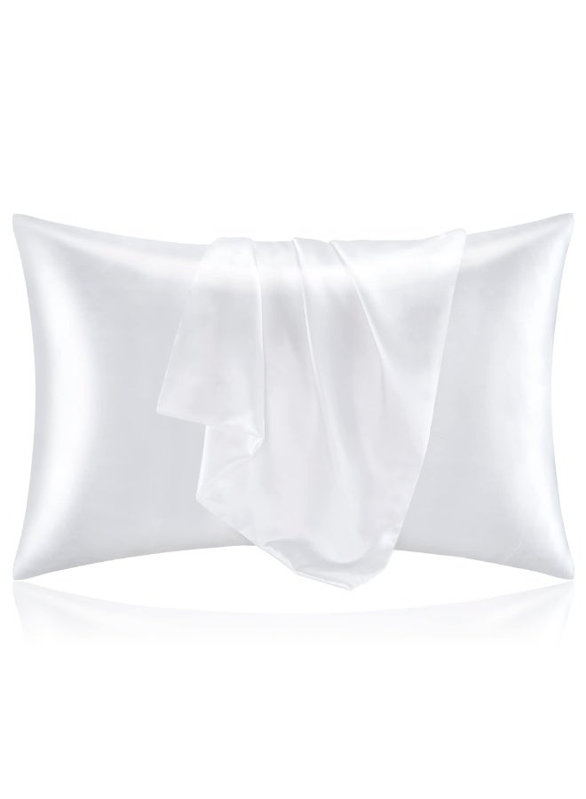 مجموعة وسائد حرير ساتان فاخرة مقاس كوين - 2 قطعة - أبيض - للعناية بالشعر المجعد ومقاومة التجاعيد - ناعمة للغاية بإغلاق داخلي (20x30 إنش) - Image 1