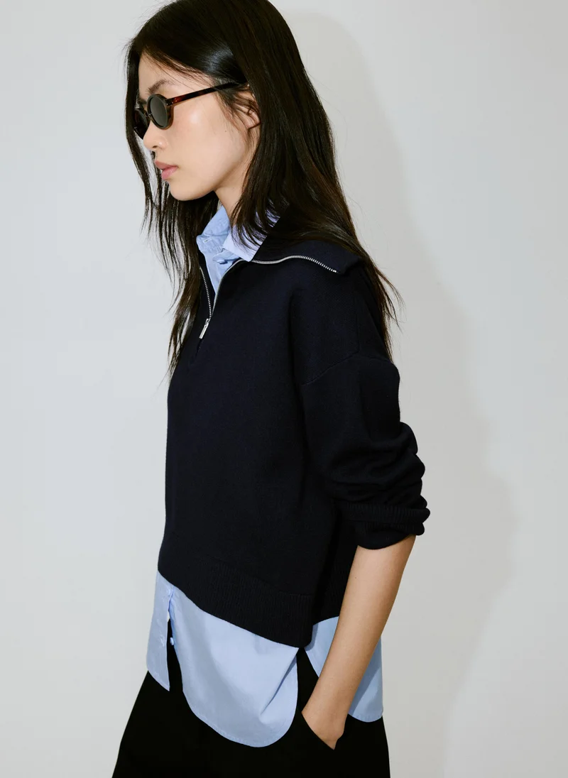 Mango 56-NAVY Layered Knit Jumper With Shirt for Women | Best Price UAE