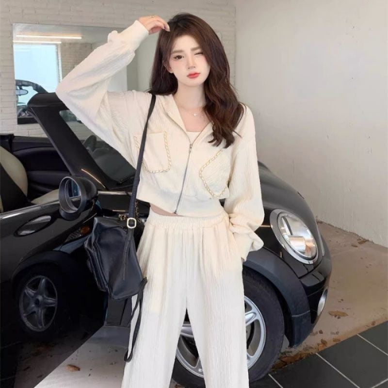 Xiao Xiang Style Casual Sports suit Autumn New Womens Clothing Sense Salt Hooded Sweat Wide Leg Pants Two-piece Set Apricot