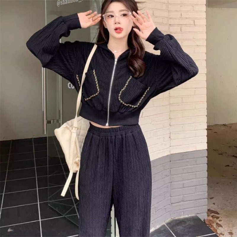 Xiao Xiang Style Casual Sports suit Autumn New Womens Clothing Sense Salt Hooded Sweat Wide Leg Pants Two-piece Set Apricot