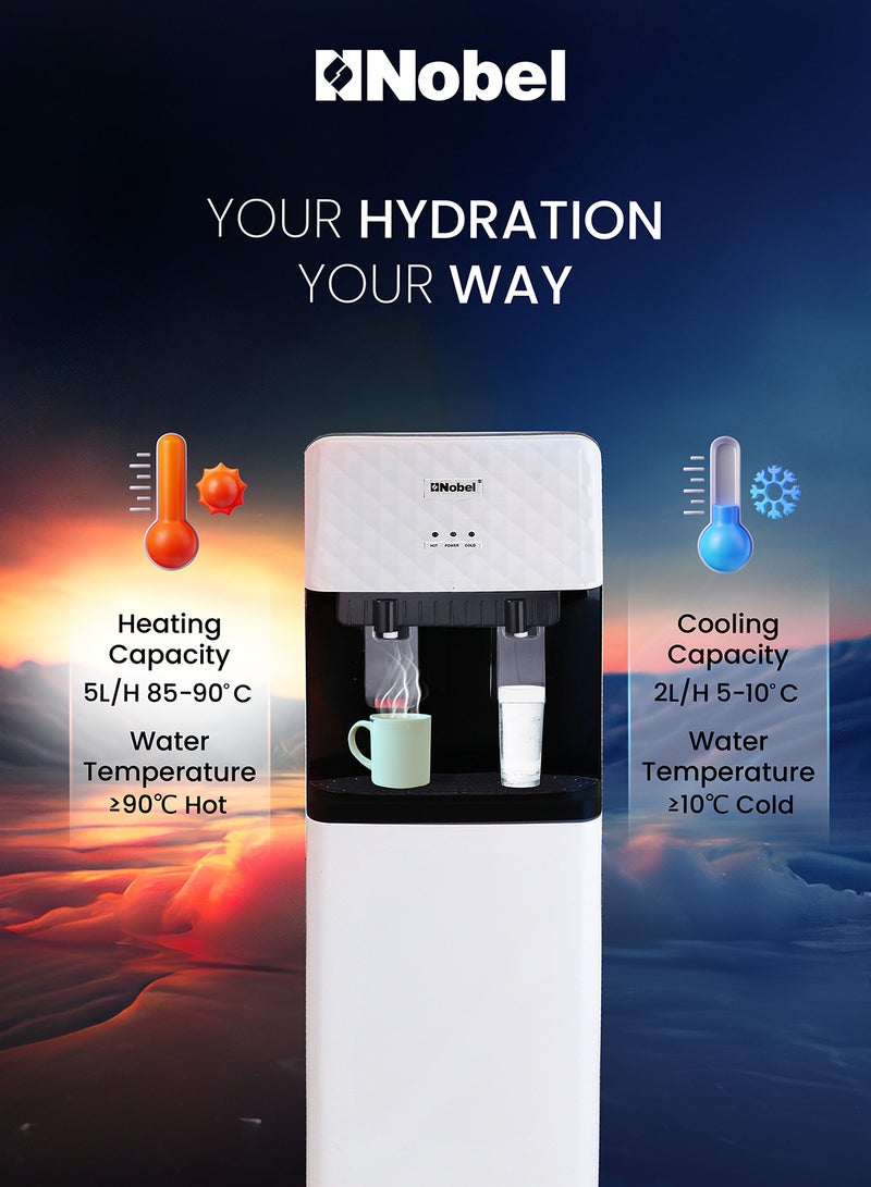 Nobel 2 Tap Hot & Cold Free Standing Water Dispenser, Cabinet Model with Hot & Cold Function, Excess Water Tray, Hot & Cold Switch Button, 1Year Full & 5Year Compressor Warranty NWD1602 White - Image 3