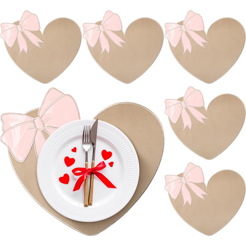 Remerry Set of 6 Burlap Valentine's Day Placemats Heart Shaped Place Mats Beige Vintage Farmhouse Kitchen Table Resistant Washable Linen Kitchen Mats for Valentines Day Decor - Image 1