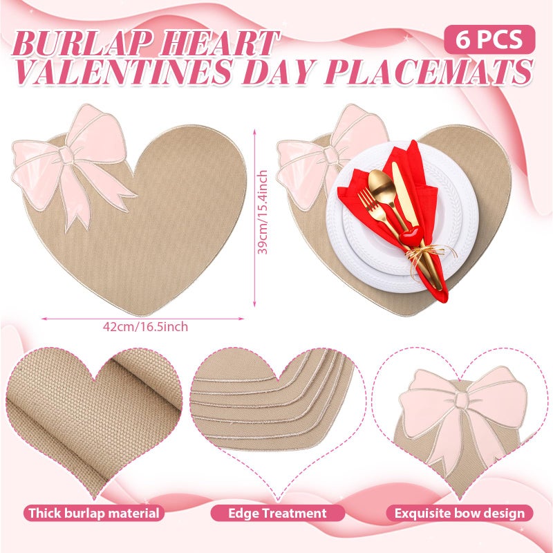 Remerry Set of 6 Burlap Valentine's Day Placemats Heart Shaped Place Mats Beige Vintage Farmhouse Kitchen Table Resistant Washable Linen Kitchen Mats for Valentines Day Decor - Image 2