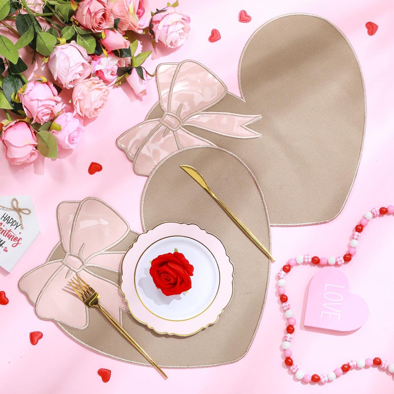 Remerry Set of 6 Burlap Valentine's Day Placemats Heart Shaped Place Mats Beige Vintage Farmhouse Kitchen Table Resistant Washable Linen Kitchen Mats for Valentines Day Decor - Image 3