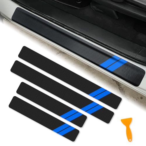 REMOCH Door Sill Protector for Dodge Charger Challenger Durango Accessories Car Door Entry Guard Sill Protector with Plastic Scraper Carbon Fiber Leather Threshold Stickers（Blue, 4PCS） - Image 1