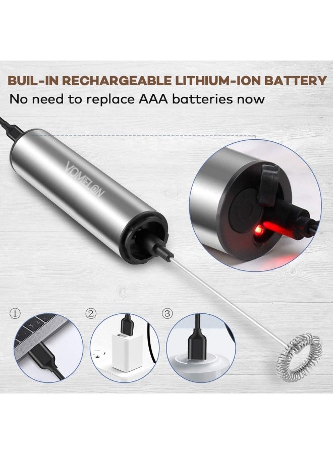 Vomelon Rechargeable Milk Frother Battery Operated,2-Speed Portable Travel Frother,Electric Milk Foamer Coffee Frother For Latte, Cappuccino, Hot Chocolate Drink Mixer With Double Mini Whisks And Usb Cable  - Image 2