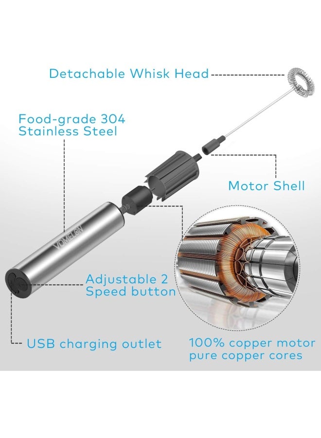 Vomelon Rechargeable Milk Frother Battery Operated,2-Speed Portable Travel Frother,Electric Milk Foamer Coffee Frother For Latte, Cappuccino, Hot Chocolate Drink Mixer With Double Mini Whisks And Usb Cable  - Image 3