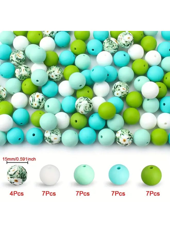 32pcs Daisy Design Printed Silicone Beads 15mm Round for Jewelry Making Keychain Kit - Image 5