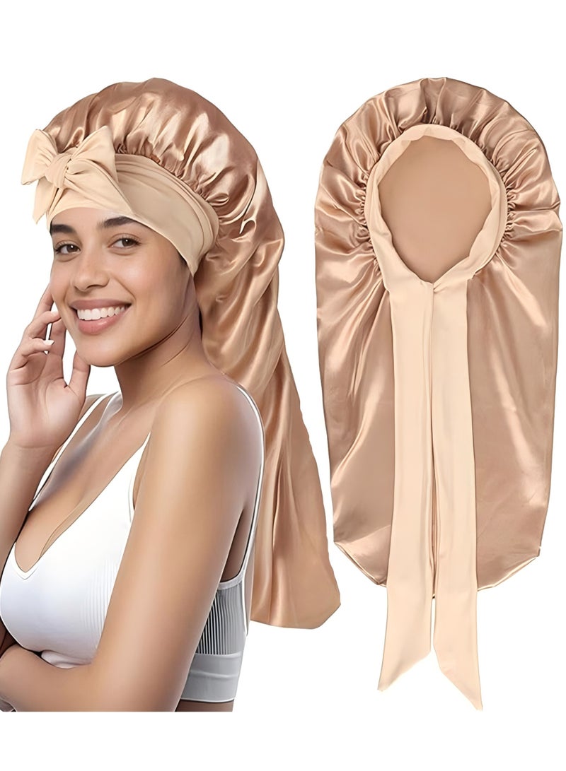 Braid Bonnet Silk Bonnet Foldable Extra Long Wrap for Braids Satin Bonnets with Tie Band Long Sleep Cap, Champagne - Image 1