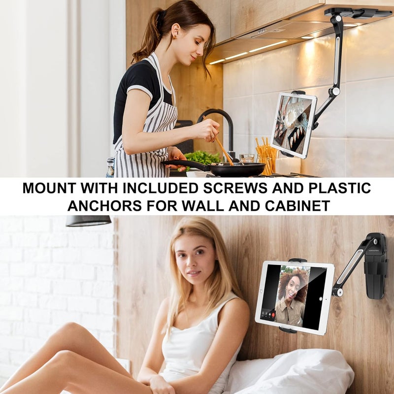AboveTEK iPad Wall Mount, 3 in 1 Highflex 360° Under Cabinet iPad Mount for Kitchen, Tablet Celling Under Counter Holder, Kitchen iPad Stands Fits 4.7" to 13.5" iPad, Mini, Air, Surface Pro - Black - Image 2