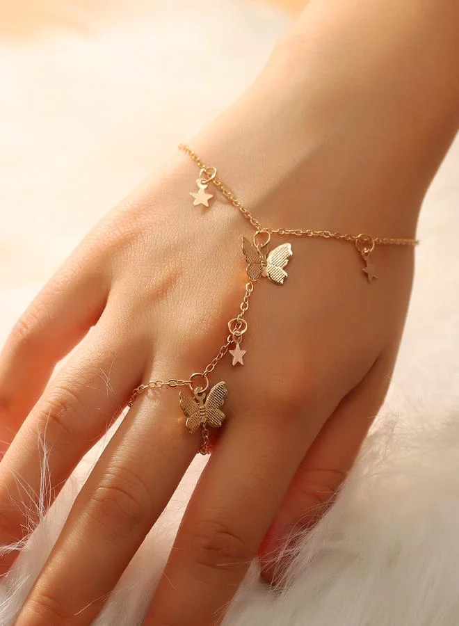 Take Two Gold Tone Butterfly and Stars Charm Ring Bracelet