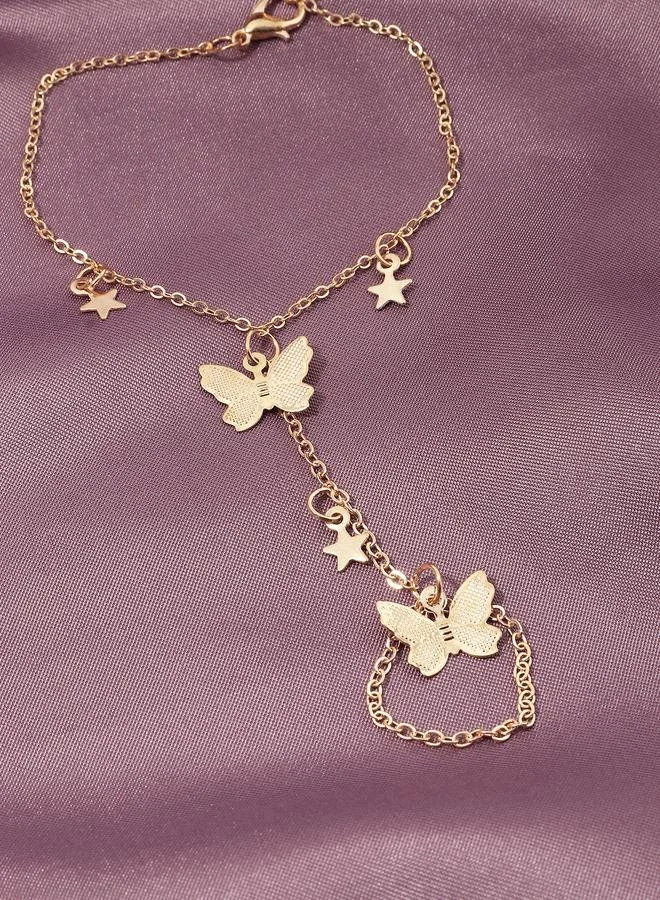 Take Two Gold Tone Butterfly and Stars Charm Ring Bracelet