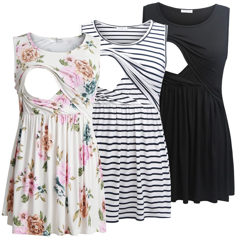 Bearsland Women's Maternity Nursing Tank Tops Sleeveless Scoop Neck Breastfeeding Shirt Pregnancy Clothes,BlackWhite StripeWhite Flower,L - Image 1