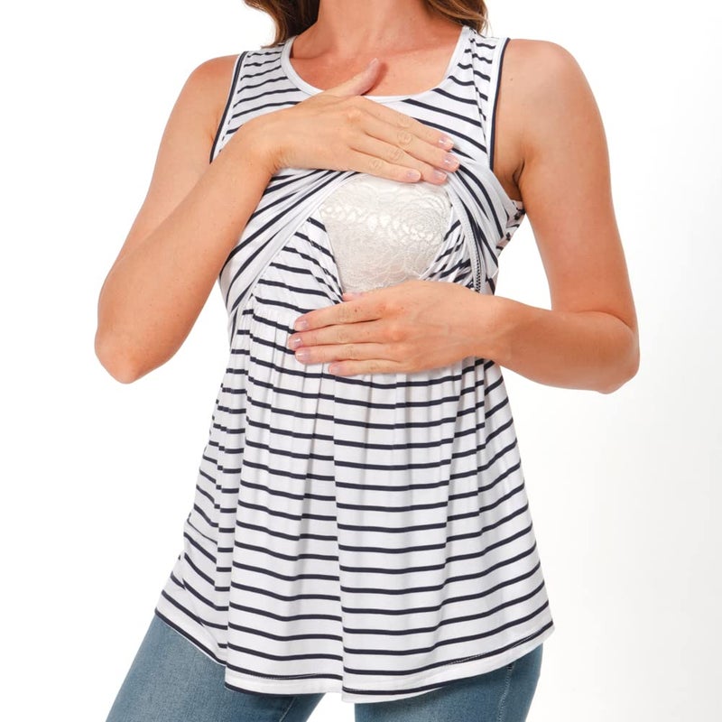 Bearsland Women's Maternity Nursing Tank Tops Sleeveless Scoop Neck Breastfeeding Shirt Pregnancy Clothes,BlackWhite StripeWhite Flower,L - Image 4