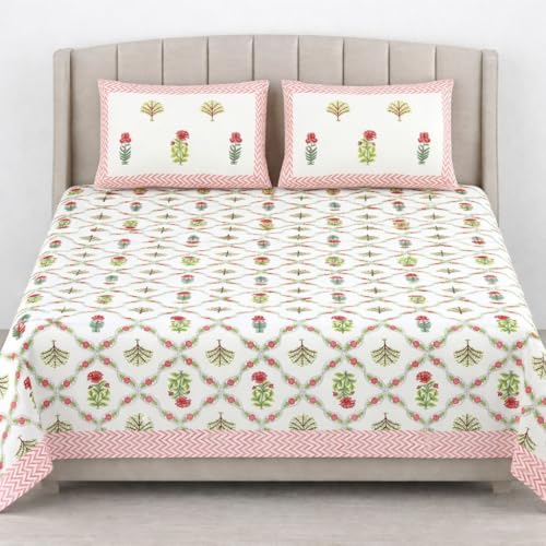 ElanorHomes 240 TC Jaipuri Cotton King Size Bedsheet (93x108 Inches) with 2 Pillow Covers | Handblock Floral Print | Soft, Breathable & Cooling Bed Sheet for Double Bed (Rajasi Jaal) - Image 1