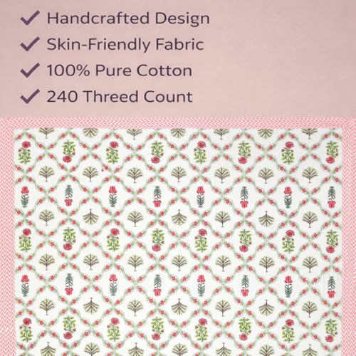 ElanorHomes 240 TC Jaipuri Cotton King Size Bedsheet (93x108 Inches) with 2 Pillow Covers | Handblock Floral Print | Soft, Breathable & Cooling Bed Sheet for Double Bed (Rajasi Jaal) - Image 3