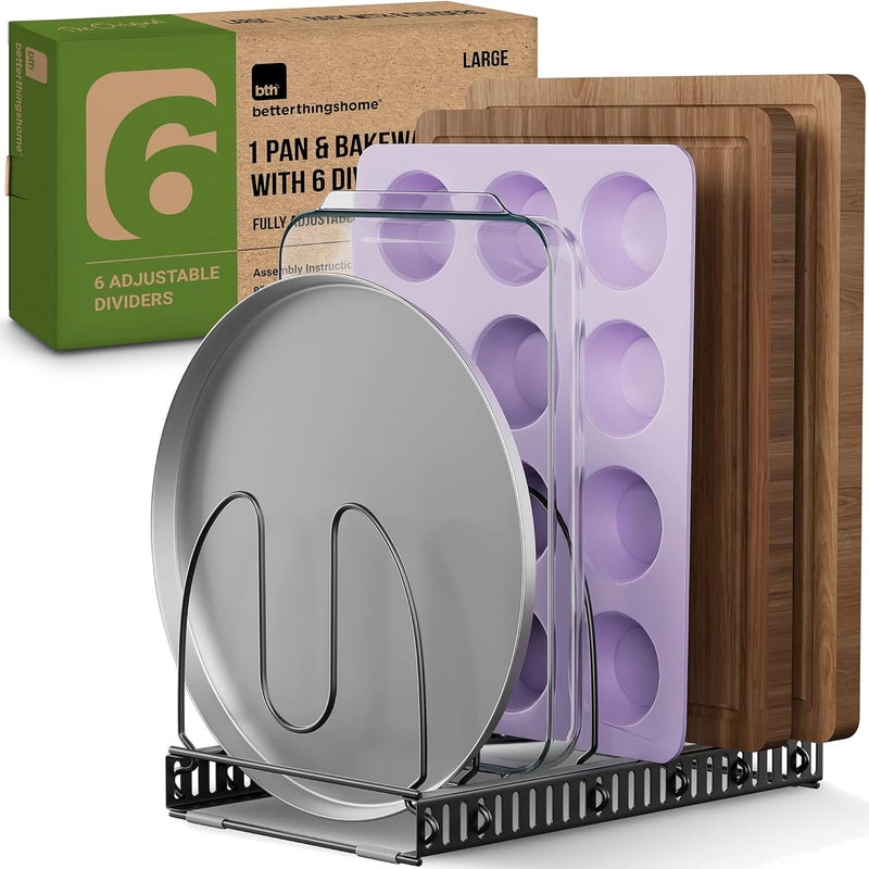 Better Things Home 6+ Compact Pan & Pot Lid Organizer Rack for Cabinet, Single Rack with 6 Adjustable Dividers for Kitchen Cabinet or Pantry (Dark Grey, SINGLE RACK) - Image 1