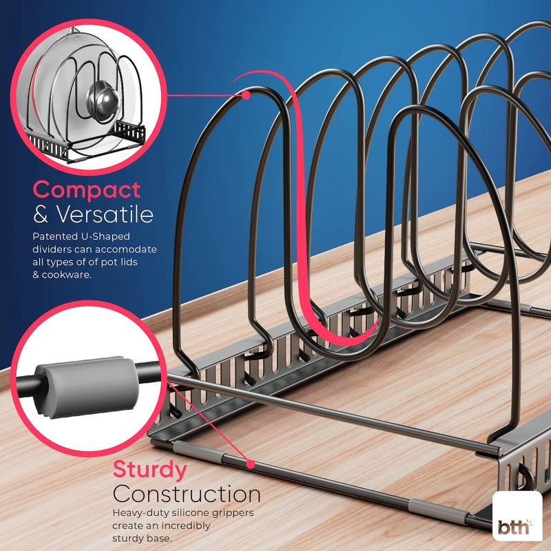 Better Things Home 6+ Compact Pan & Pot Lid Organizer Rack for Cabinet, Single Rack with 6 Adjustable Dividers for Kitchen Cabinet or Pantry (Dark Grey, SINGLE RACK) - Image 3
