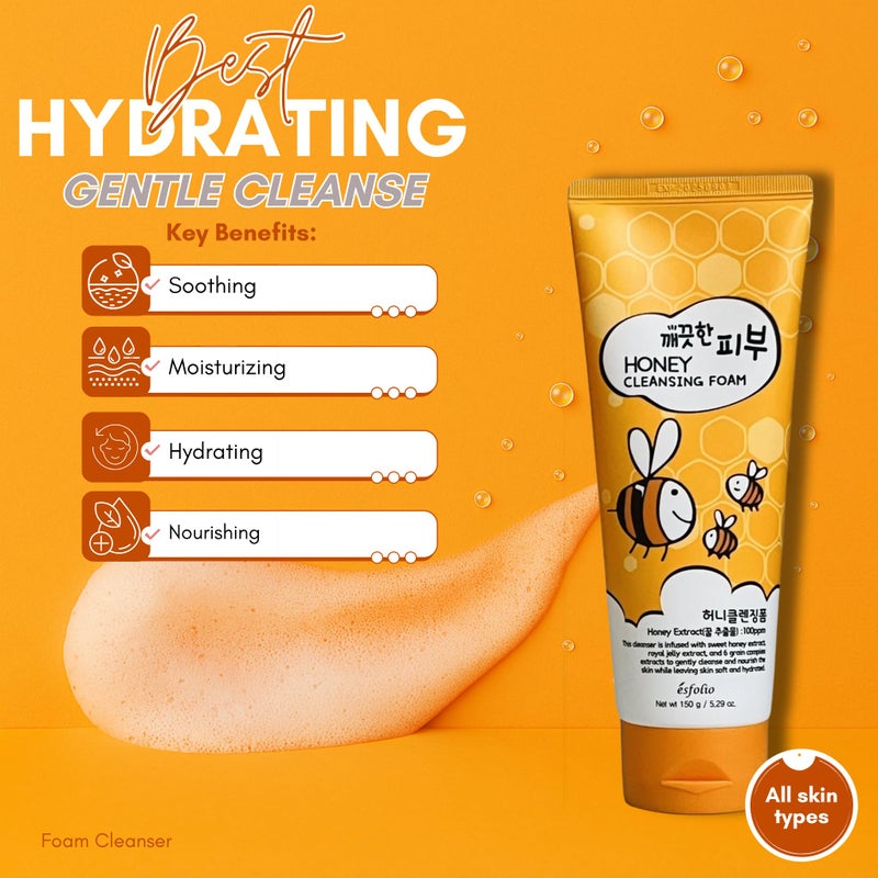 esfolio Honey Cleansing Foam â€“ Hydrating Face Wash Dry & Sensitive Skin â€“ Korean Skincare Cleanser Honey Deep Pore Cleansing, Moisturizing, Nourishing Facial Cleanser Smooth Skin (5.29oz -150g) - Image 2