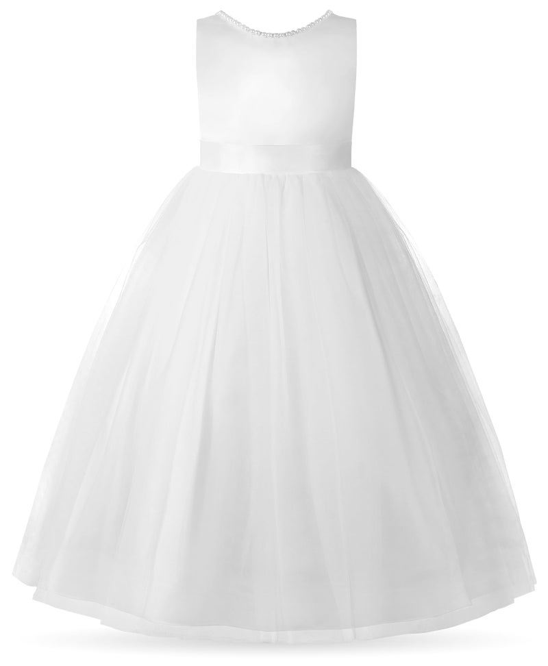 Uhnice Flower Girl Pearls Dress V-Back Tulle Ball Gown Satin Prom with Bow-Knot for Wedding Pageant Birthday Party (White, 110/4-5 Years) - Image 3