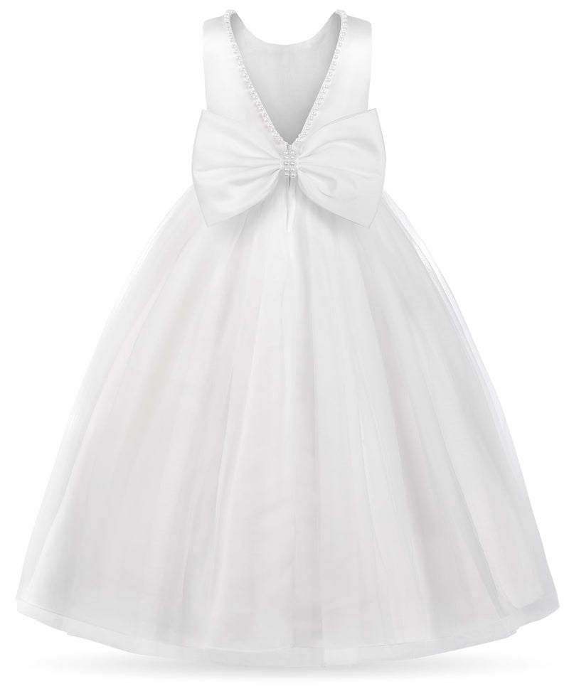 Uhnice Flower Girl Pearls Dress V-Back Tulle Ball Gown Satin Prom with Bow-Knot for Wedding Pageant Birthday Party (White, 110/4-5 Years) - Image 1