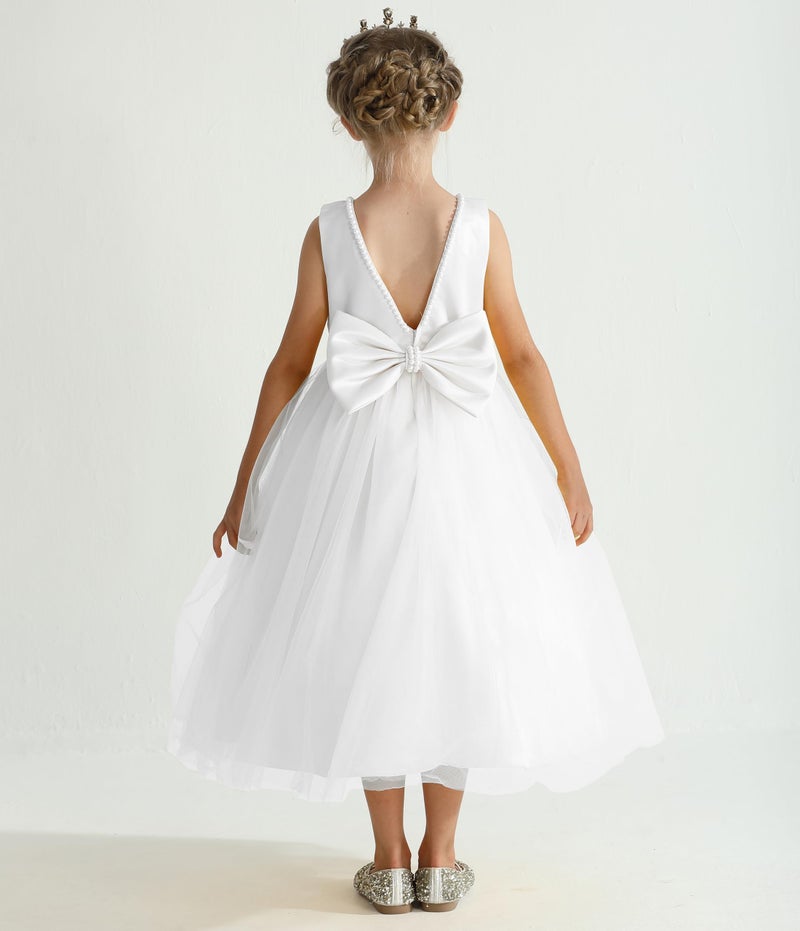 Uhnice Flower Girl Pearls Dress V-Back Tulle Ball Gown Satin Prom with Bow-Knot for Wedding Pageant Birthday Party (White, 110/4-5 Years) - Image 2