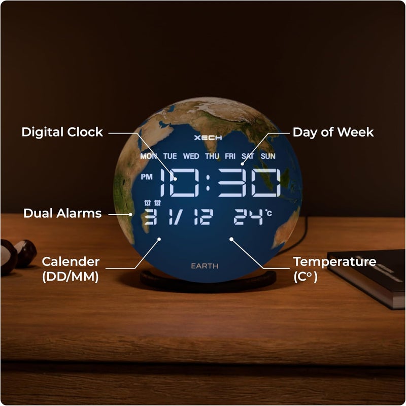 Xech Digital Table Alarm Clock with Wireless Speaker, Extra Loud Dual Alarms, LED Display, Stylish Desk Clock for Bedroom & Office (Solaris-X Earth) - Image 4